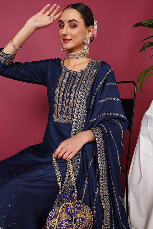 Plus Size Blue Silk Blend Solid Yoke Design Straight Suit Set